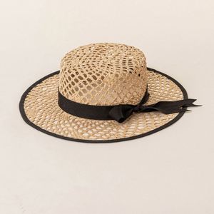 European American Spring Summer New Handmade Raffia Straw <b>Hat</b> Flat Top <b>Hat</b> Boater Hollow Bow Decoration Casual Straw <b>Hats</b> - Product Image 4