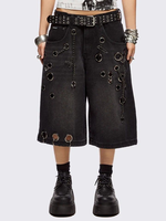 MZN Short en jean baggy noir délavé pour homme, longueur genou, avec décoration chaîne à œillets style punk, logo personnalisé