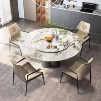 Table à manger à base de trèfle à quatre feuilles, table ronde en bois avec piétement en acier inoxydable en forme de croix, pour restaurant, café, 6 chaises