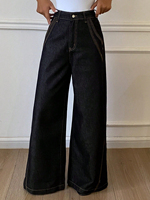 Jean palazzo taille haute pour femme, coupe ample, délavage foncé, avec surpiqûres contrastées, style western vintage, été