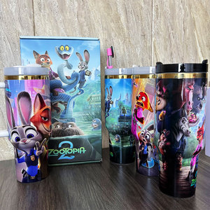 Gobelets isothermes à double paroi avec logo personnalisé, motif animaux de zoo amusants (renard, lapin), avec boîte cadeau - Product Image 3
