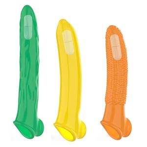 Juguetes Vibradores Reutilizables con Forma de Frutas y Verduras, Funda Vibradora Mágica de TPE, Extensión de Pene Vibrante de Cristal Larga y Elástica, Condón - Product Image 1