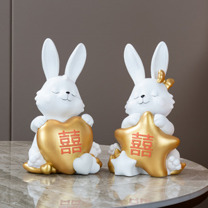 Statua di Coppia di Conigli Romantici con Cuore e Stella, Decorazione in Resina per Soggiorno, Camera da Letto e Matrimoni - Product Image 2