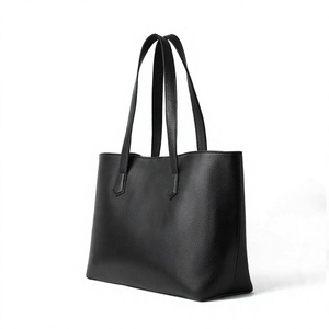 Sac fourre-tout unisexe en cuir véritable noir uni avec poignée souple, usage quotidien décontracté, durable, capacité 20-30L, doublure en polyester avec fermeture éclair - Product Image 4
