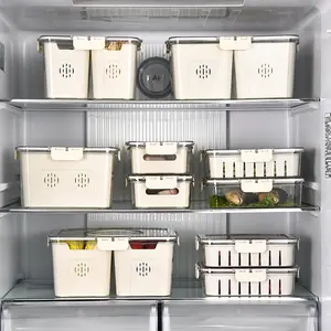 ポータブル4コンパートメント冷蔵庫プラスチックフレッシュキーパー、蓋付き長方形セット複数の食品収納ボックス、排水付き