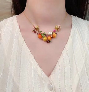 Nuevo esmalte hecho a mano huerto de verano amarillo albaricoque rojo ciruela higo manzana fruta flor collar - Product Image 5