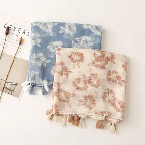 Wholesale 2022 summer new designs cotton foulard scarves fashion plain beige bule floral printed soft long ladies viscose scarf
