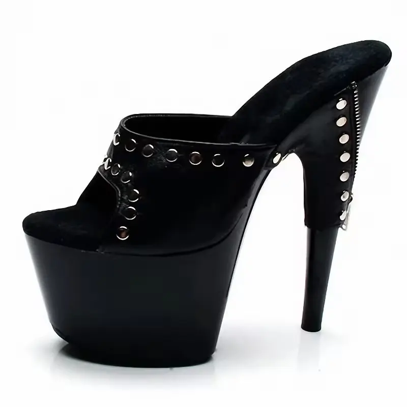 7inch-17cm Sexy Fetish Black rivet Gothic flat heel Club fashion high heel Pole Dance sandals women's large slippers Exotic