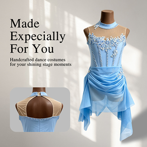 Costume de danse contemporaine bleu pour enfants, sans manches, en maille, dentelle, strass, jupe asymétrique, robe de scène pour filles - Product Image 1