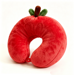 Almohada de viaje personalizada de tomate rojo suave y esponjoso con cuello en U, tallo y hojas, diseño de tomate de dibujos animados con expresión sorprendida de ojos grandes. - Product Image 3
