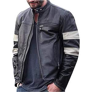 เสื้อแจ็คเก็ตหนังแกะแท้สีดำสำหรับผู้ชาย แบรนด์คีอานู รีฟส์ สไตล์ไบค์เกอร์ แขนยาว วินเทจ คาเฟ่ เรเซอร์ - Product Image 3