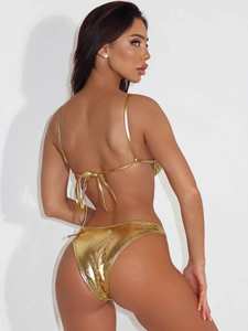 <span class=keywords><strong>Maillot</strong></span> <span class=keywords><strong>de</strong></span> <span class=keywords><strong>bain</strong></span> <span class=keywords><strong>2</strong></span> <span class=keywords><strong>pièces</strong></span> sportif doré pour femme, finition métallique liquide brillante, bas string, patchwork uni, style brésilien, idéal pour les carnavals - Product Image 5