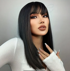 Peluca <span class=keywords><strong>Frontal</strong></span> de cabello humano recto negro de alta densidad <span class=keywords><strong>con</strong></span> flequillo gorra de <span class=keywords><strong>malla</strong></span> Rosa transpirable para todas las etnias Color de encaje HD - Product Image 2