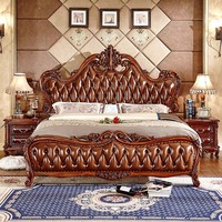 Europäischer Stil Massivholz-Lederbett mit Gepolsterter Rückenlehne 1,8 Meter Retro-Farbe Einzelbett - Schlafzimmermöbel