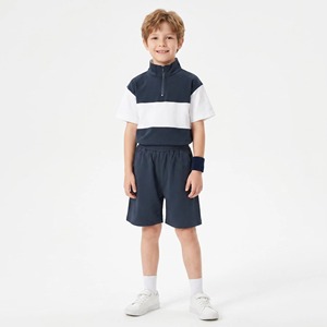Ensemble deux pièces pour enfants, garçons, bleu marine foncé, rayures contrastées, fermeture éclair, short de survêtement plissé sur le devant, en coton, tenue de sport scolaire d'été - Product Image 1