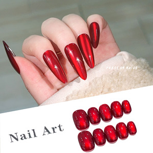 30 faux ongles magnétiques œil <span class=keywords><strong>de</strong></span> chat rouges porte-bonheur, réutilisables, couvrance totale, formes amande, carrée, cercueil, brillants, bordeaux, à presser - Product Image 4