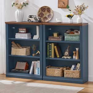 Estantería Alta Azul, Librería de <span class=keywords><strong>Madera</strong></span> <span class=keywords><strong>Gruesa</strong></span> de 3 Niveles con Estantes Ajustables, Librería Independiente Estilo Rústico con Almacenamiento - Product Image 4