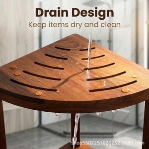 Tabouret de douche en bois Jaylen avec étagère d'angle double couche et rangement pour articles de toilette en bois massif - Product Image 4