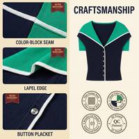 Cardigan tricoté vintage color-block pour femme, col rabattu, manches courtes, boutonnage frontal, coupe ajustée, style rétro preppy d'été