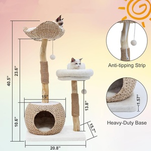 Tour d'activités pour chat d'intérieur de luxe, moderne, en bois véritable, hauteur réglable, avec griffoir, plateformes de saut et jouet suspendu en carton - Product Image 2