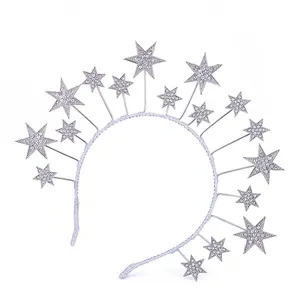 मूल डिजाइन सबसे अच्छा बेच धातु स्टार सिर रचनात्मक स्फटिक सितारे बाल बैंड मुकुट लपेटकर के साथ चांदी रिबन