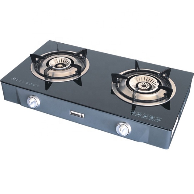 Xunda Hot Seller Curve Glass Estufa Table Gas Burner Cooking Appliance Double Burner Gas Stove Energy Saving Cooktops