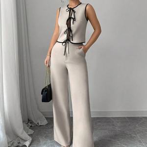 Conjunto de Verano Boho Chic para Mujer, Talla Europea/Americana, Top sin Mangas con Detalle de Lazo, Pantalones Anchos de Cintura Alta, Tejido - Product Image 2