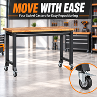 Banc de travail robuste et portable, réglable en hauteur, avec surface en acier et métal, roues et panneau perforé pour usage en garage
