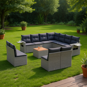 Ensemble de canapés de jardin en rotin gris, 10 places, design contemporain, pliable, mobilier de patio - Product Image 2