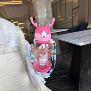 ShangRan Children's Plastic Water Bottle With Antler Lid Cartoon Design Summer Straw Cup For Kids Gift - Product Image 3