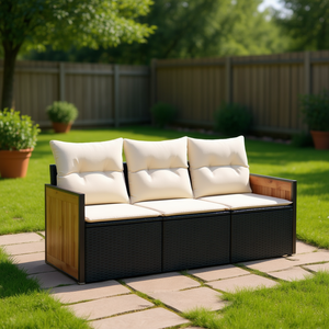 Canapé de jardin trois places, mobilier d'extérieur en rotin PE noir, coussins crème, design contemporain pour la décoration de patio - Product Image 3