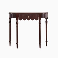Console demi-lune décorative en bois massif foncé avec tiroir cannelé, bord festonné et pied tourné, style vintage français pour entrée et couloir