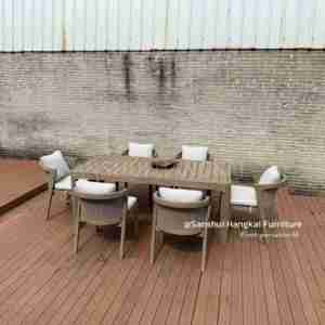 Ensemble de table et chaises de salle à manger en bois de teck Hangkai avec tressage en rotin PE, tables en bois, 6 chaises - Product Image 3