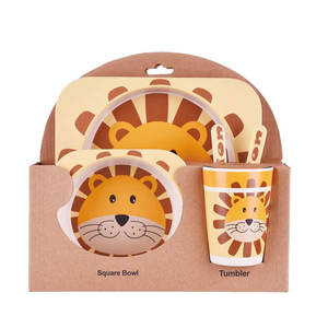 Ensemble de vaisselle pour enfants fibre de bambou naturelle ensemble de 5 pièces avec plaque bol tasse cuillère fourchette sans BPA lavable au lave-vaisselle dessin animé Design <span class=keywords><strong>Lion</strong></span> - Product Image 1