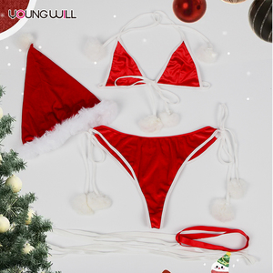 Ensemble de lingerie de Noël sexy 4 pièces pour femmes, babydoll en dentelle rouge avec string, jarretière et bas, lingerie pour femmes - Product Image 4