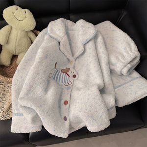 <b>Women</b> Cute Sweet Style Coral <b>Fleece</b> <b>Pajamas</b> Thickened Lined Two Piece Loungewear Set Puppy Design <b>for</b> Spring Autumn Winter - Product Image 1