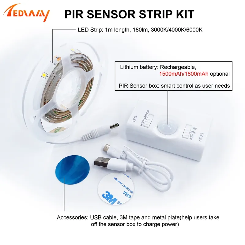 Lampu malam Sensor, PIR LED Strip kit 3000K 4000K 6000K Sensor lampu malam IP65 DC 5V lampu baterai Lithium