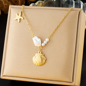 Korean Style Gold Plated Necklace With Pearl Starfish Scallop Pendant Stainless Steel Chain Everyday Wear - Product Image 1