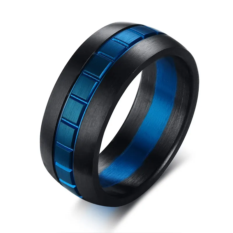 Factory direct sale Titanium steel individual drawing middle batch flower checkered between black and blue men ring jewelry