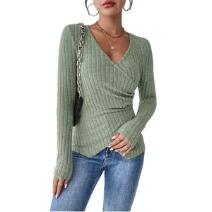 Frenchy Women's Long Sleeve V-Neck T-Shirt Basic Solid Color Slim Fit Cross Wrap Top For Autumn Ribbed Knit Design