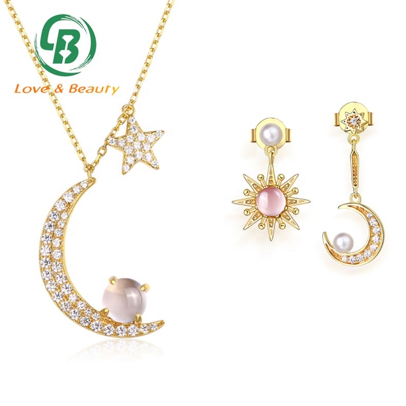 Joyería de moda para las niñas, pendientes de cuarzo rosa collar Luna y estrellas de lujo luz perla conjunto