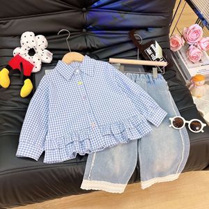 Completo due pezzi da <span class=keywords><strong>bambina</strong></span> per la primavera e l'autunno, camicia a quadri alla moda e <span class=keywords><strong>pantaloni</strong></span> <span class=keywords><strong>in</strong></span> denim con pizzo. - Product Image 3
