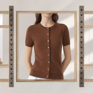 Cardigan en tricot décontracté 100 % coton pour femme, col rond, boutonné, manches courtes, coupe courte, style tee-shirt - Product Image 3
