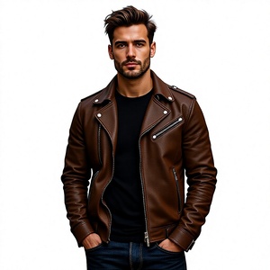 Blouson moto en cuir de vachette marron pour homme, fermeture éclair, col rabattable, coupe ajustée, couleur unie, pour l'automne, coupe classique - Product Image 3