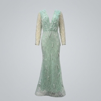 Robe de bal sirène longue vert menthe transparente, en tissu tissé, col en V profond, manches longues, entièrement ornée de perles et de sequins, coupe ajustée, longueur ras du sol, sur mesure