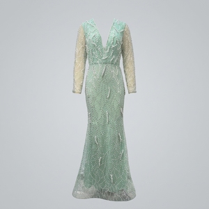 Vestido de Noche Formal Largo hasta el Suelo, Color Verde Menta, Transparente, Tejido, con Cuello en V Profundo, Manga Larga, Adornado con Perlas y Lentejuelas, Corte Sirena, para Fiesta de Graduación - Product Image 1