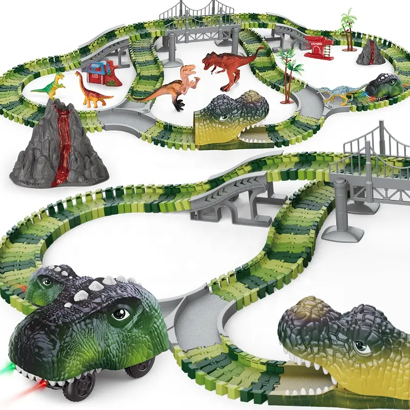 Slot mainan balap mobil dinosaurus BO Mini, set bangunan dinosaurus tiup balap 237 buah dengan Mini untuk anak-anak