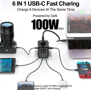 Adaptateur de voyage universel 100W, prises multiples, charge rapide, alimentation AC 2500W pour <span class=keywords><strong>MacBook</strong></span>, iPhone, iPad, ordinateur portable, téléphone USB-C - Product Image 2
