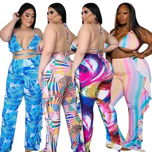 Bikini creux de créateur sexy à volants imprimé pantalon large à jambes larges ensemble 2 pièces grande taille 2021 maillots de bain et vêtements de plage