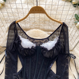 Blouses en dentelle <span class=keywords><strong>sexy</strong></span> à manches longues pour femme, chemises unies en dentelle, hauts <span class=keywords><strong>sexy</strong></span> pour femme, vêtements pour femme en gros - Product Image 2